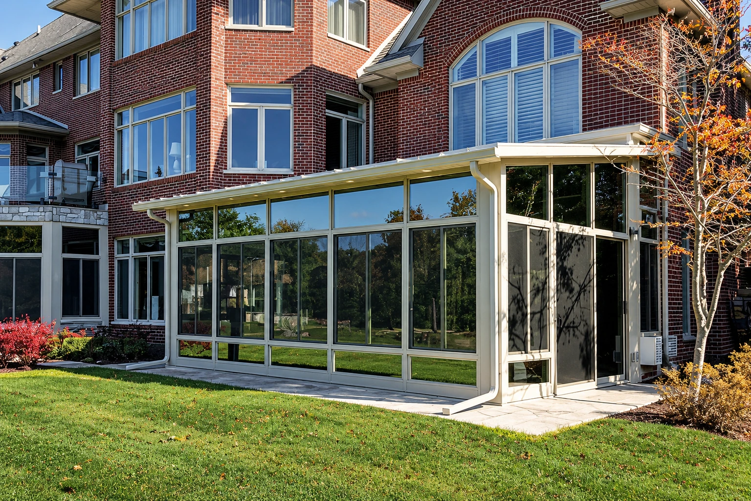 A white-framed, glass-enclosed sunroom extends from a two-story red-brick house beside a green lawn.