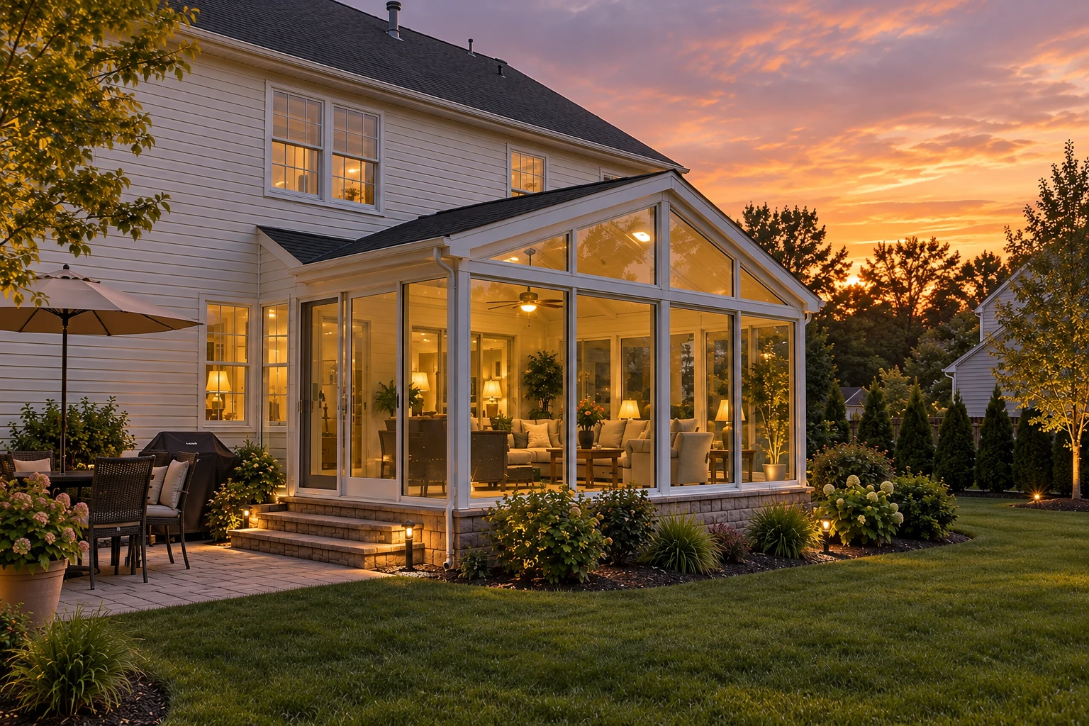 Custom sunroom with a peaked glass front, glowing interior lights, and a landscaped backyard at sunset.
