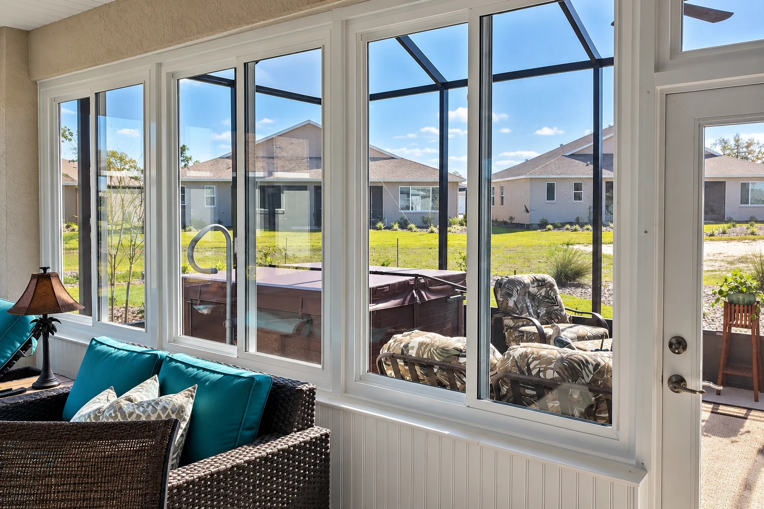 Sunroom with white-framed windows overlooking a yard, furnished with wicker seating and teal cushions.