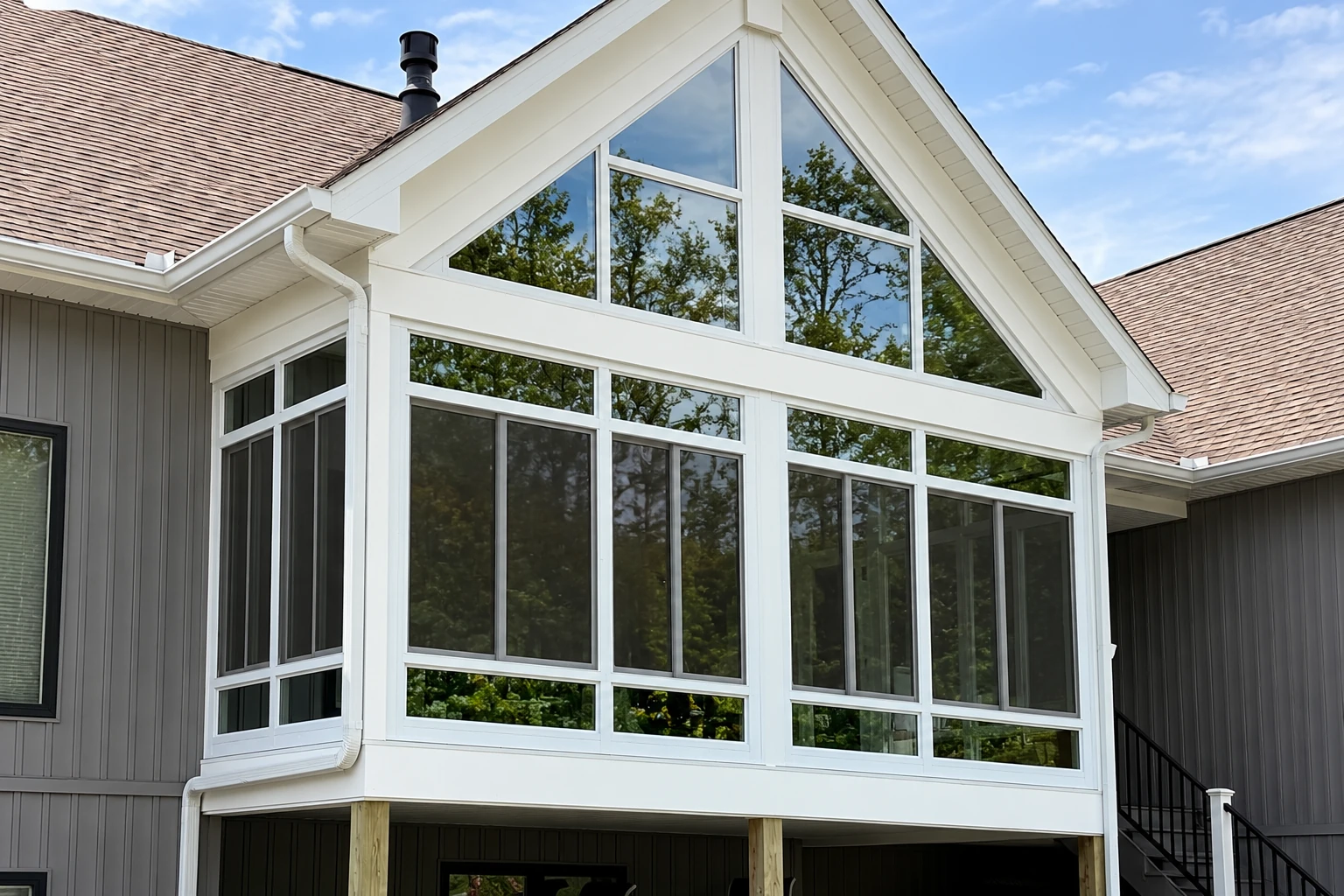 Deck converted to a sunroom with white framing, tall windows, and a raised exterior staircase.