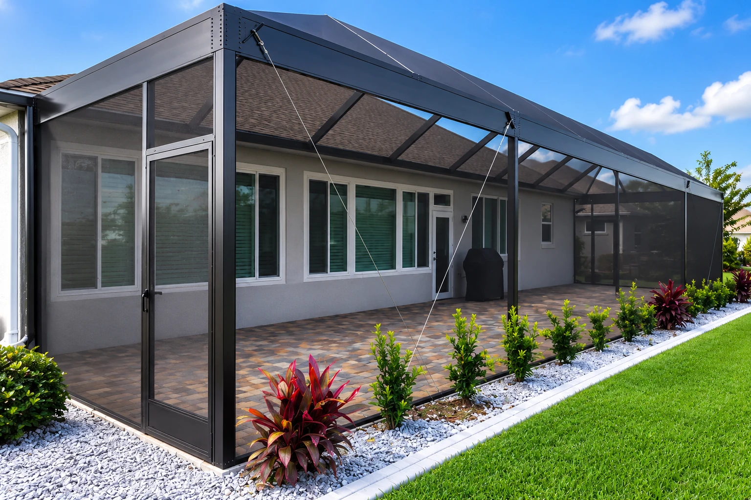 Enclosed patio room with a dark metal frame, screened walls, sloped roof, and paved floor beside a lawn.