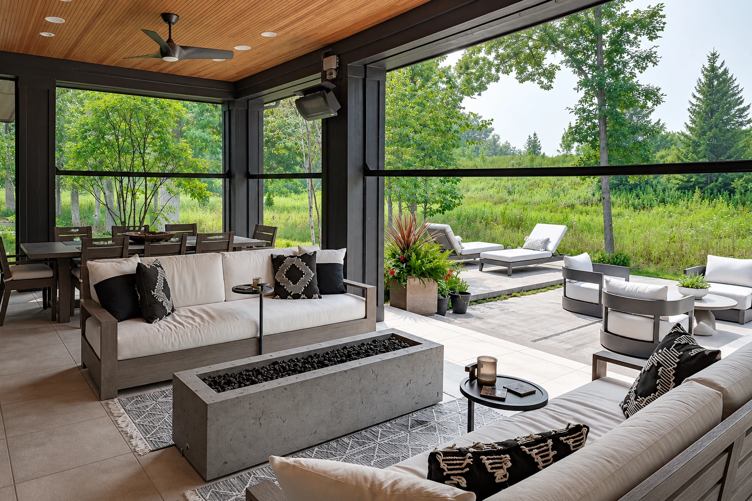 Enclosed patio with a wood-plank ceiling, sofas, dining table, and wide open screened panels overlooking a garden.