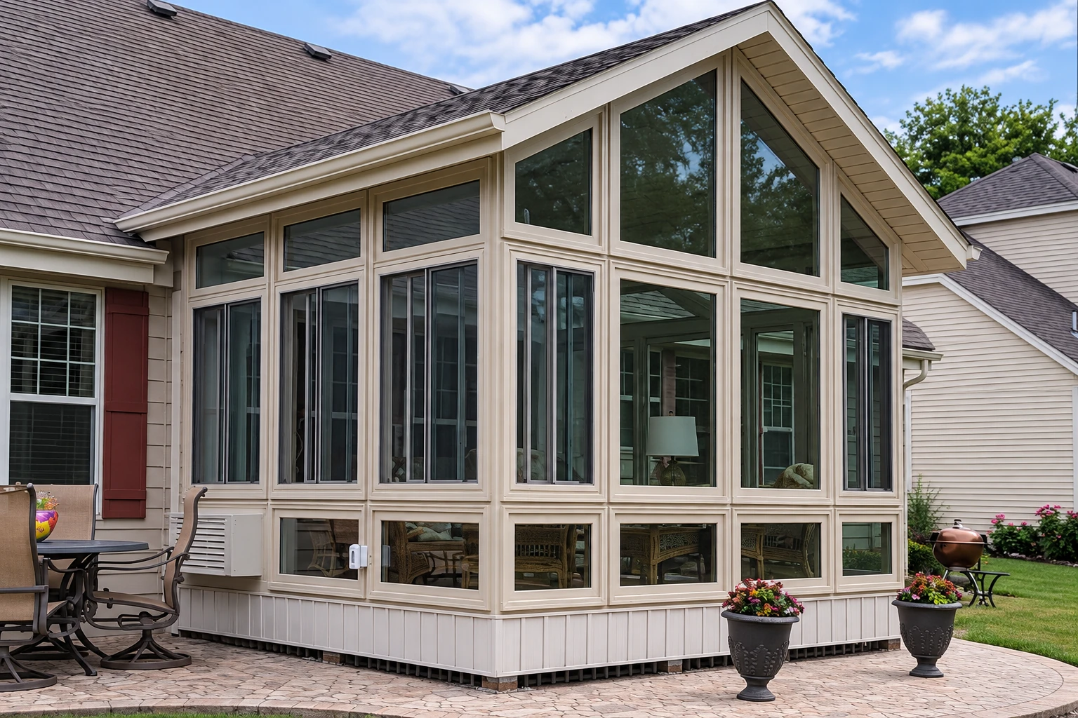Four-season sunroom addition with a peaked roof, cream-framed windows and flower planters on a paved patio.