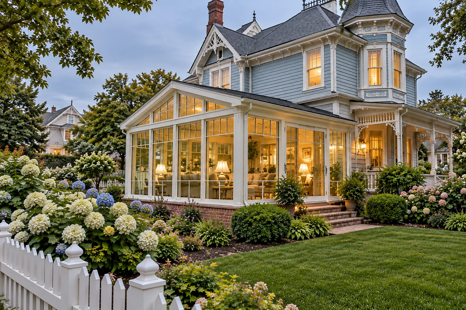 Glass-enclosed patio attached to a Victorian-style house, surrounded by flowering garden beds and a white picket fence.