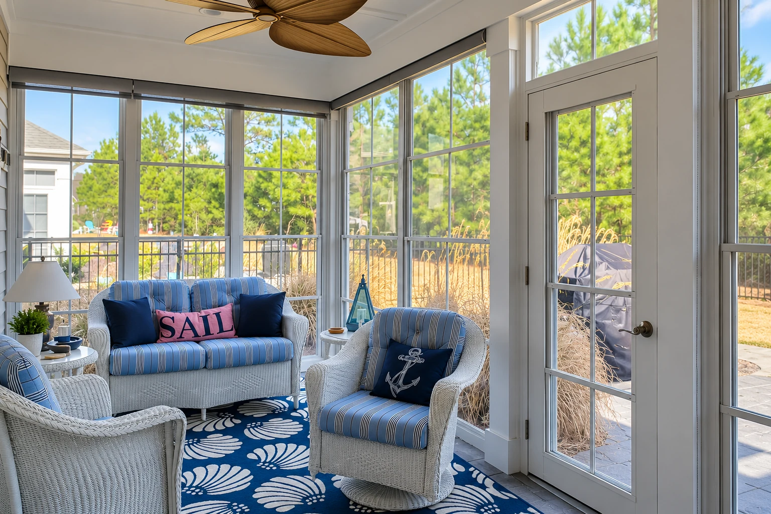 Sunroom with white-framed windows, a glass-paneled door, and blue-striped wicker seating on a patterned rug.