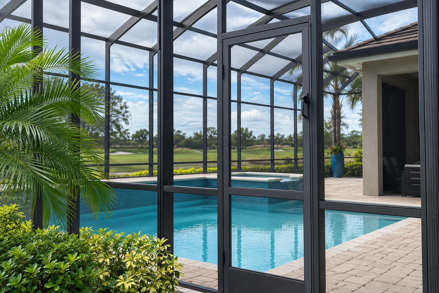 Black-framed screened pool enclosure with a central door, mesh walls, and a view of the yard.