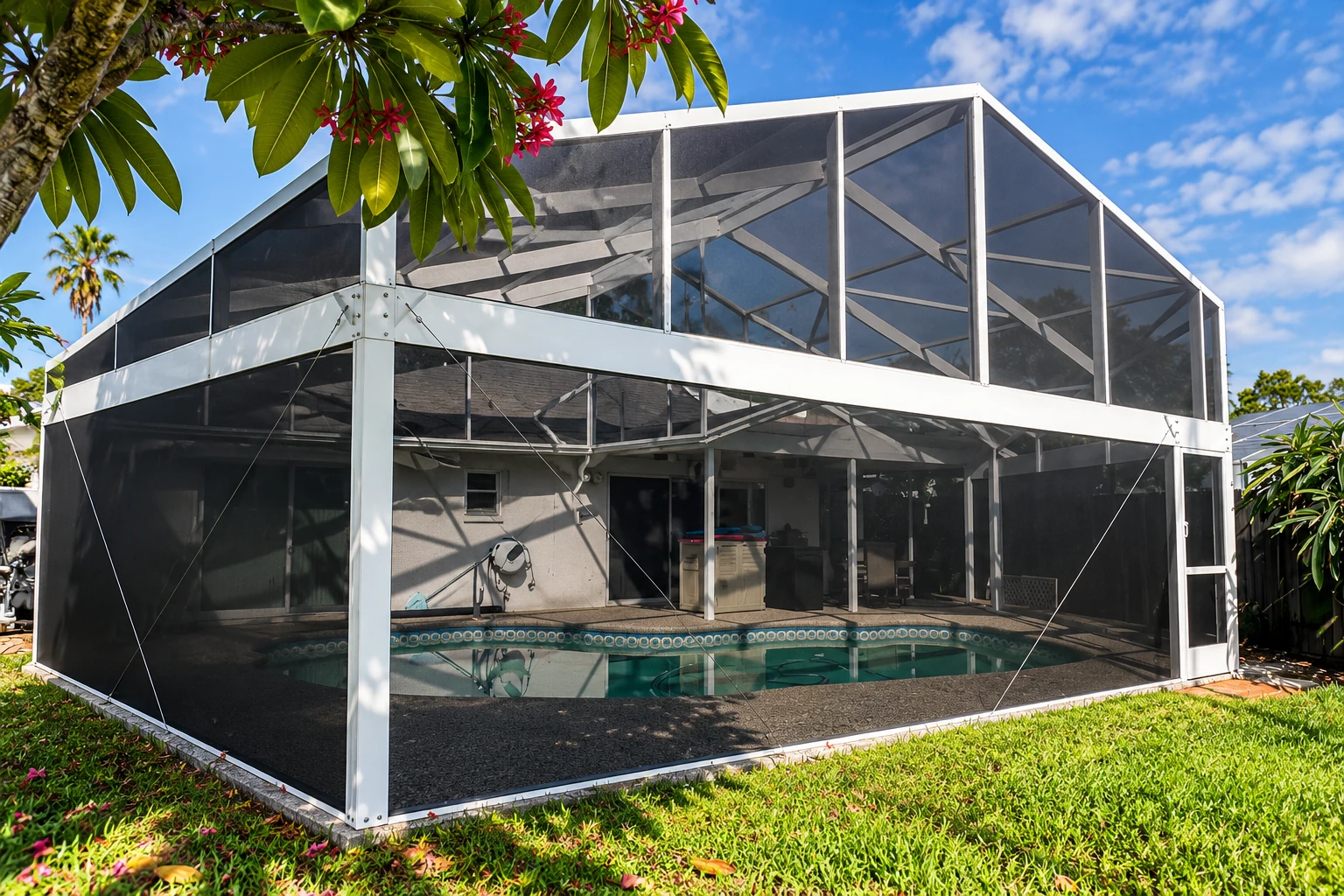 Screen room enclosure with dark mesh walls and a peaked roof surrounds a backyard swimming pool.
