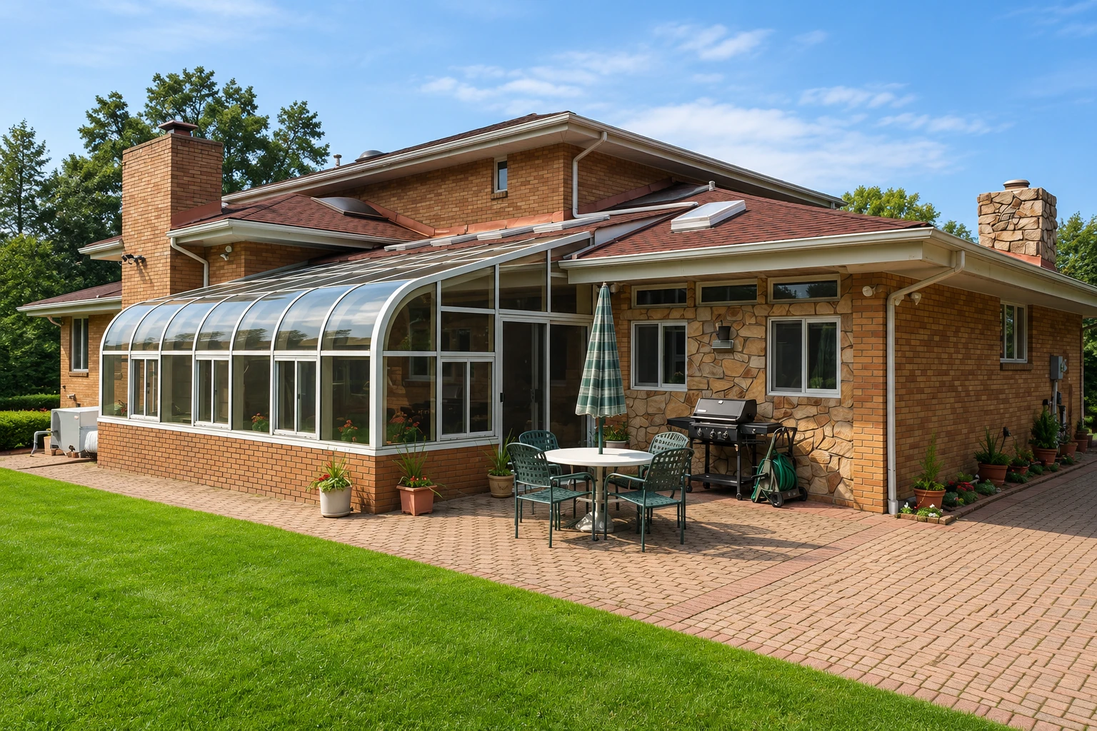 Solarium attached to a brick house, with a curved glass roof and walls beside a paved patio.
