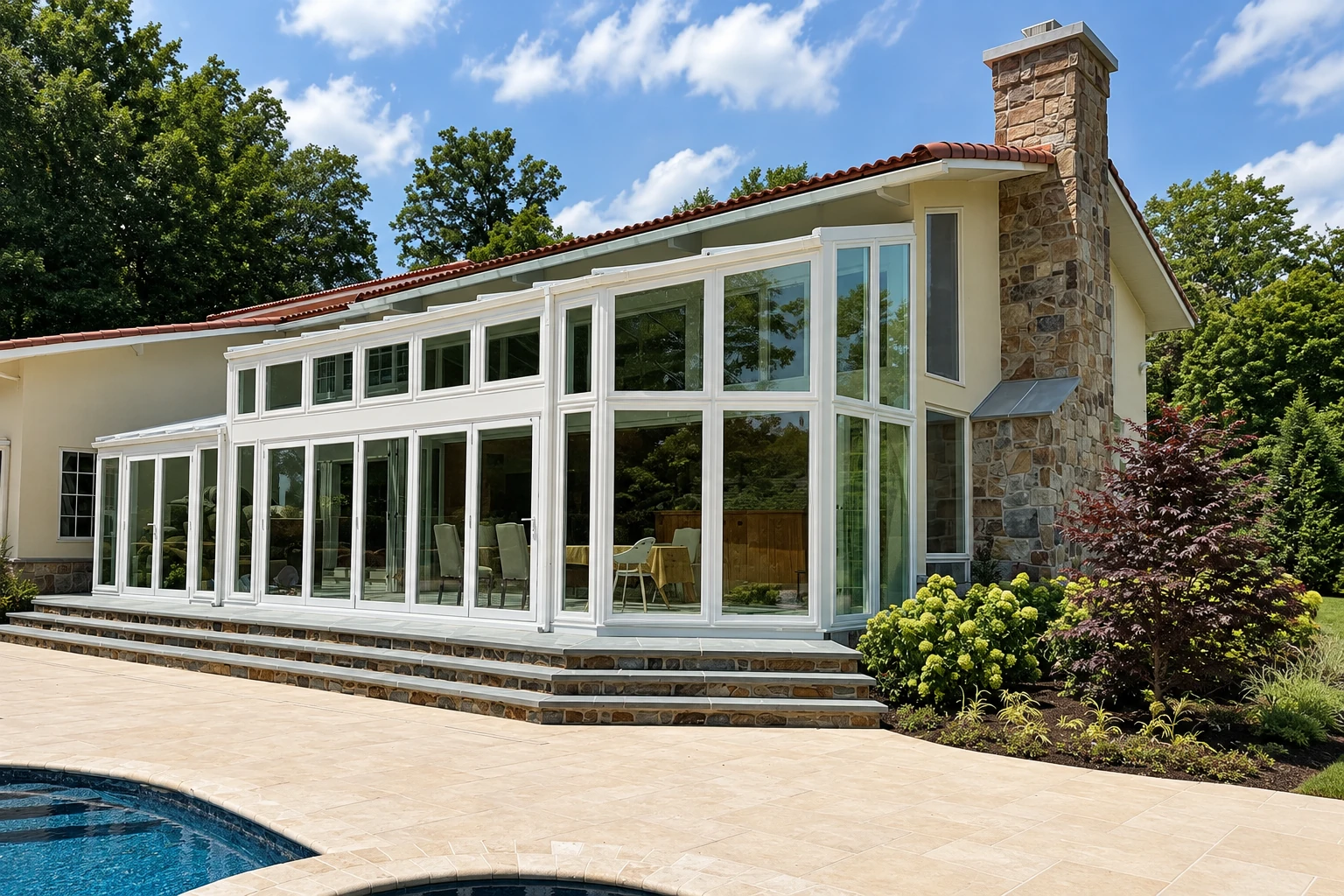 White-framed sunroom addition with tall windows extends from a stone-and-stucco house beside a swimming pool.