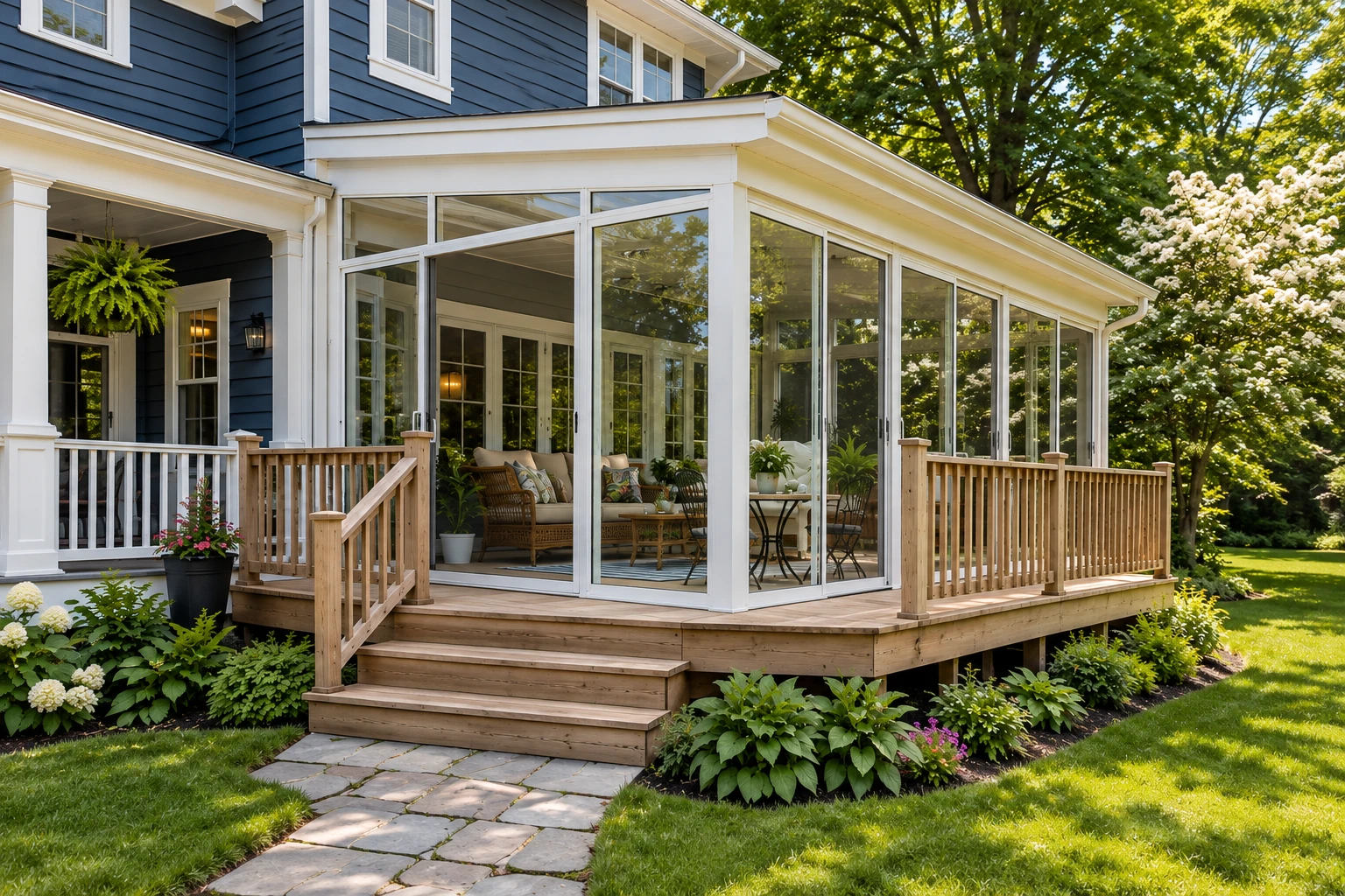 White-framed sunroom with tall glass walls on a raised wooden deck, surrounded by garden plantings.
