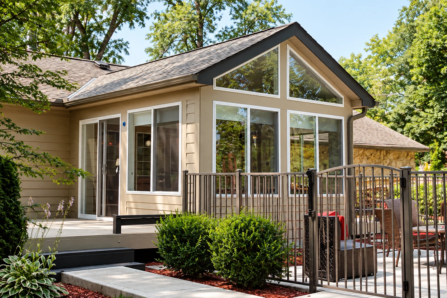 House sunroom addition with a steep gabled roof and large windows beside a fenced patio.
