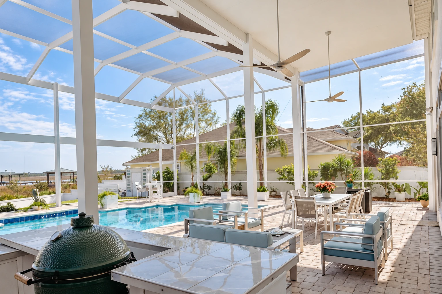 A spacious screened patio enclosure surrounds a swimming pool, with white framing, ceiling fans, outdoor seating, and a dining area.