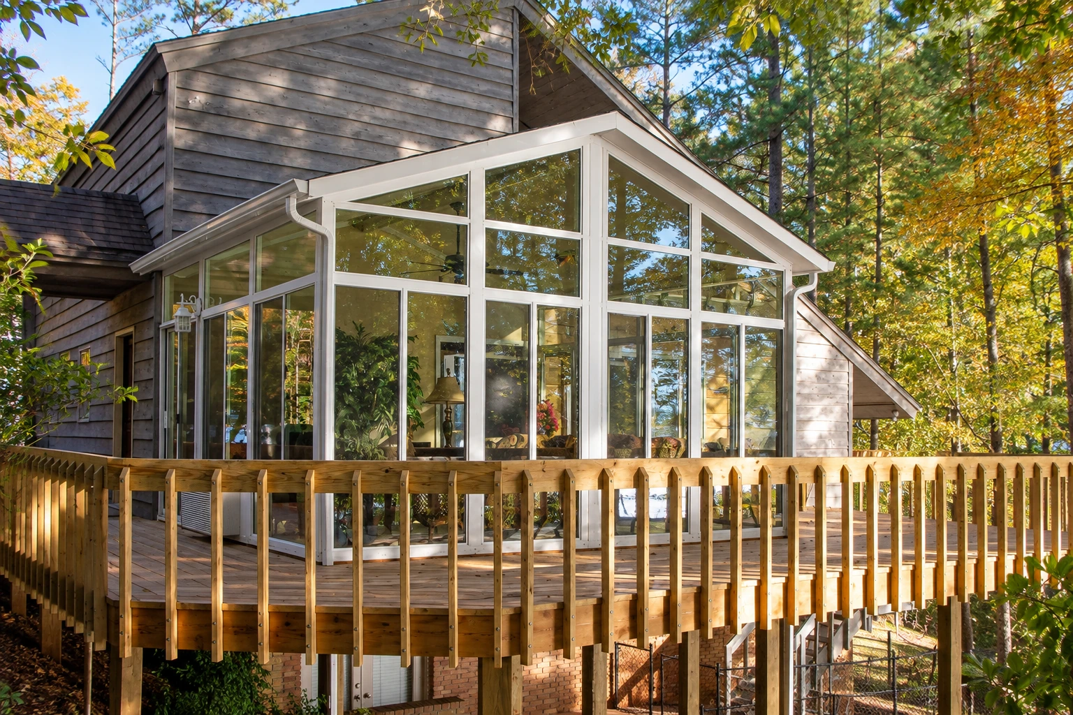 Vinyl sunroom addition with a peaked glass roof and white frames, attached to a wood-sided house above a deck in a wooded setting.